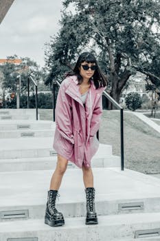 Stylish woman in a pink jacket poses confidently on outdoor steps.