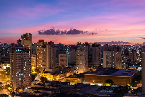 Aerial View of City Skyline at Dusk