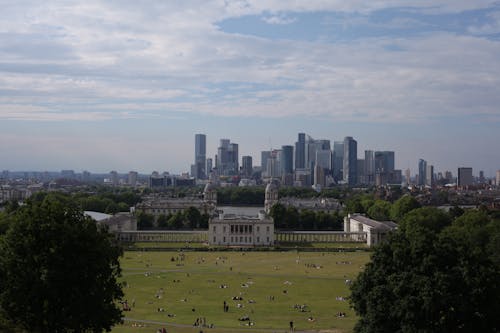 Panoramic View of the Greenwich Park and Skyscrapers in the Background in London, England, UK 