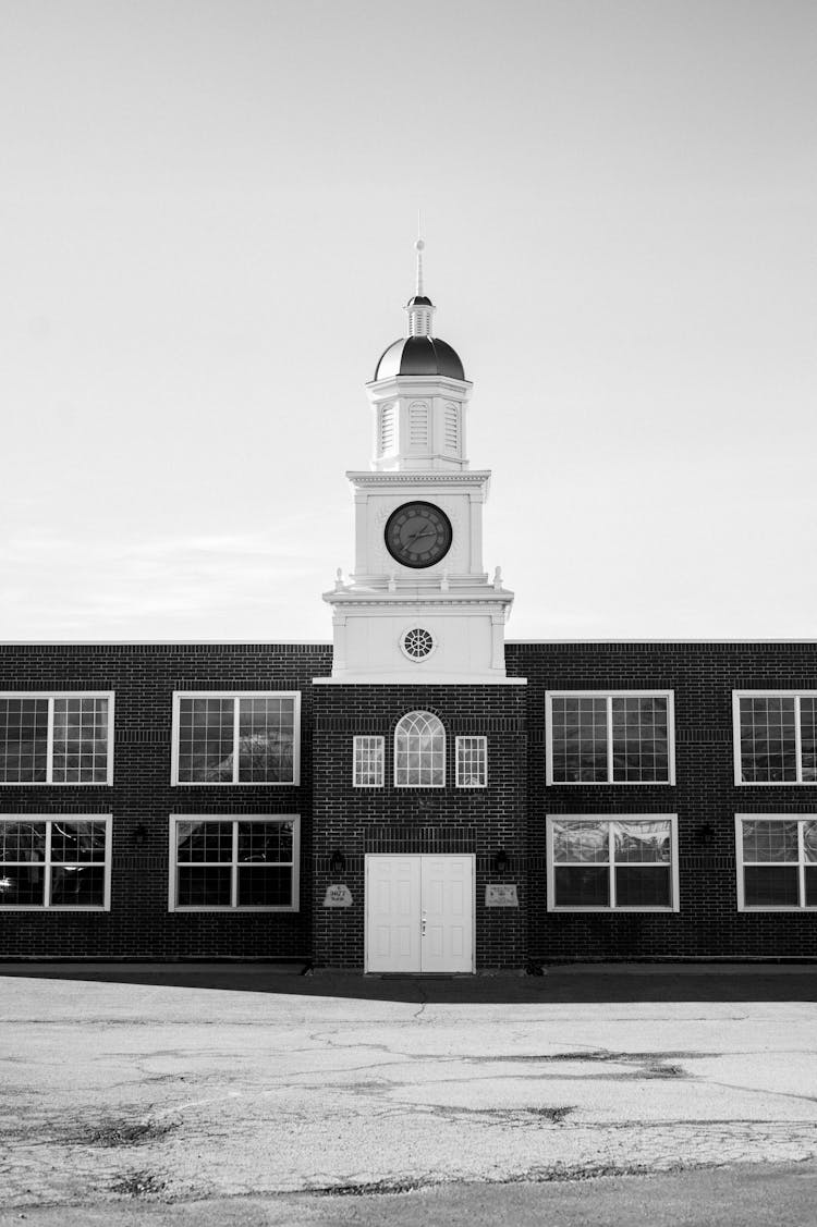 Elegant Facade With Clock Tower In Black And White