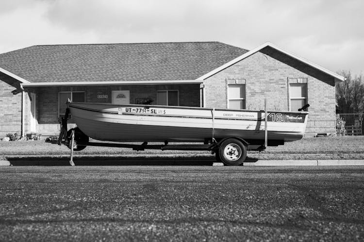 Boat On Trailer In Black And White