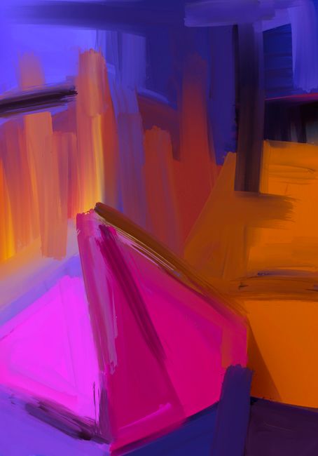 Dynamic abstract painting with bold colors and geometric shapes in expressionist style.