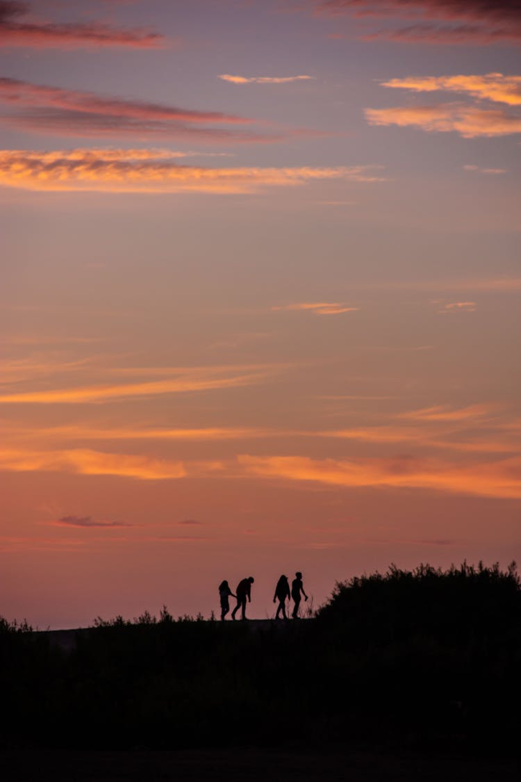 Silhouette Of Walking People At Dusk