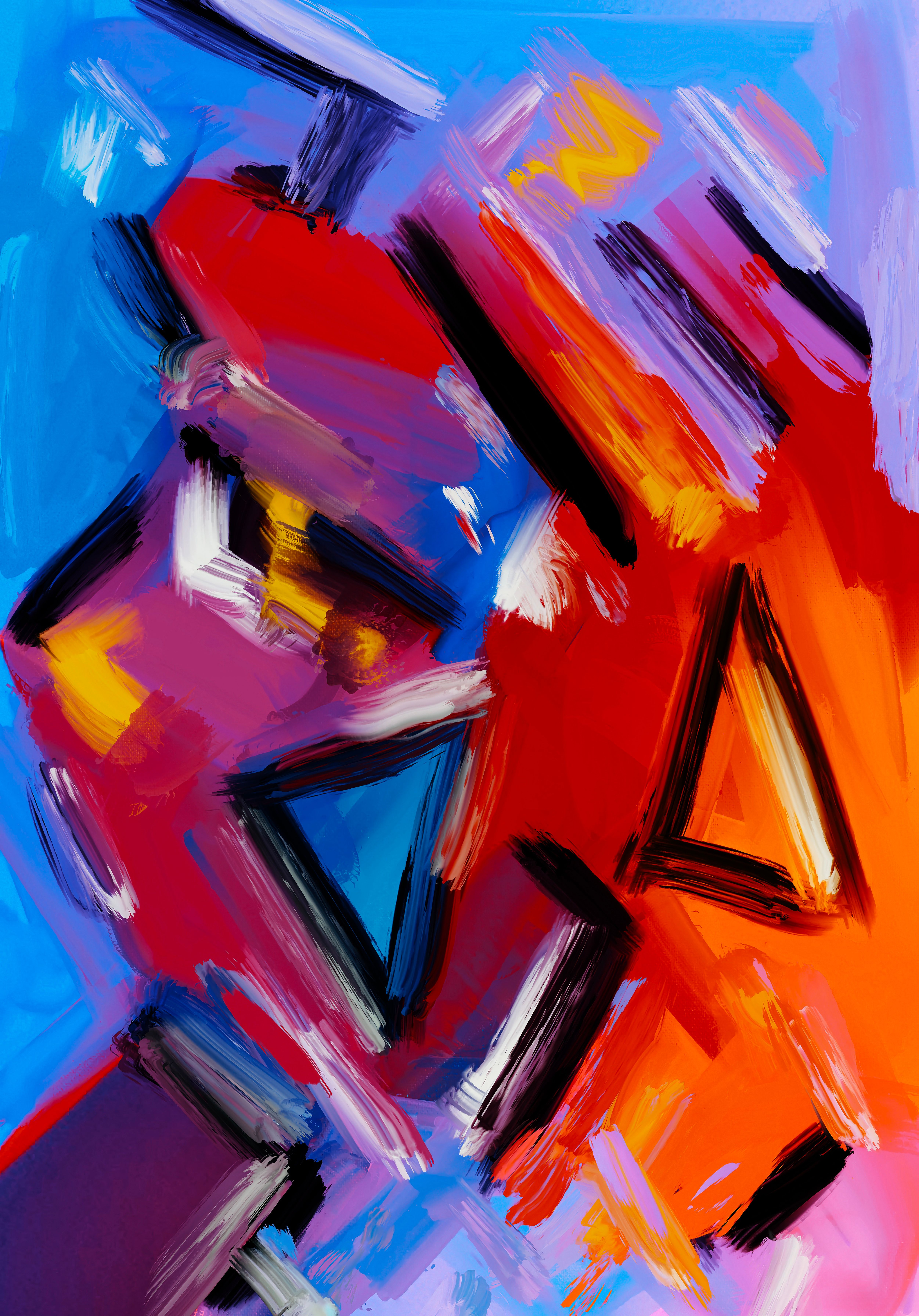Colorful abstract expressionist painting with dynamic brushstrokes.