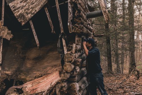 Free A man examines an old abandoned log cabin in a wooded area, evoking curiosity and adventure. Stock Photo