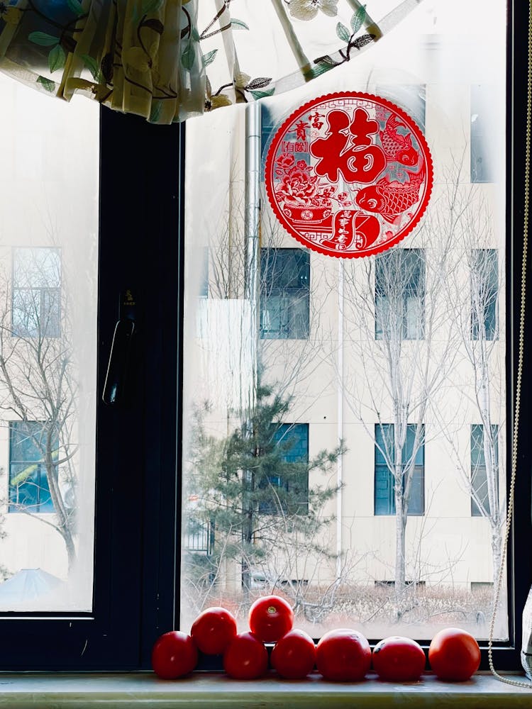 Sticker On Window With Tomatoes On Windowsill