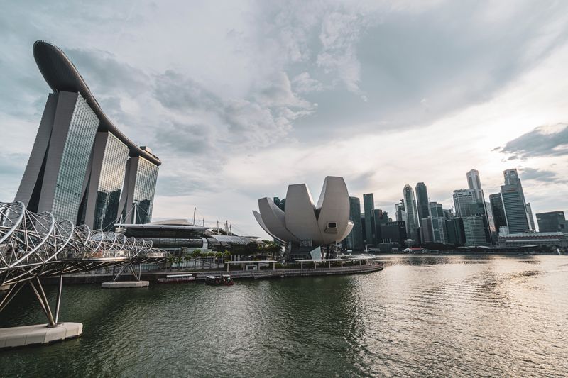 Singapore skyline with the ArtScience Museum and Helix Bridge at Marina Bay