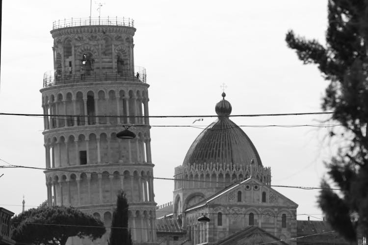 Grayscale Photo Of The Leaning Tower Of Pisa, Italy