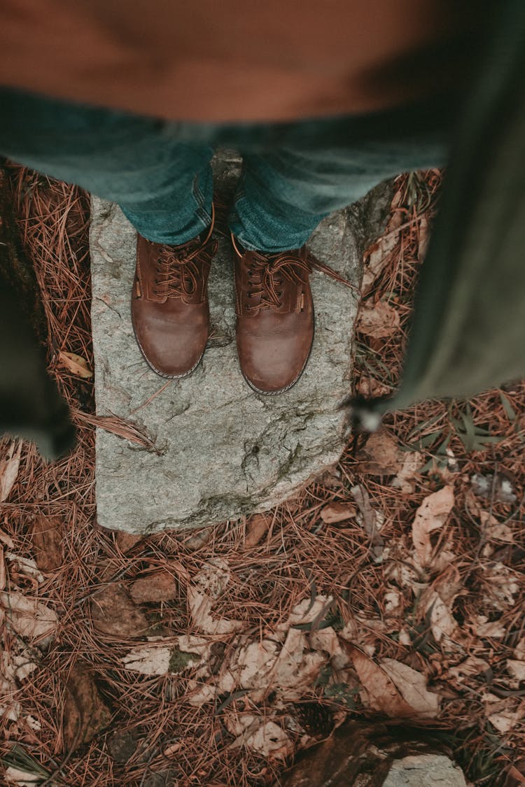 Man Standing On A Rock In A Forest With Dry Leaves On The Ground 