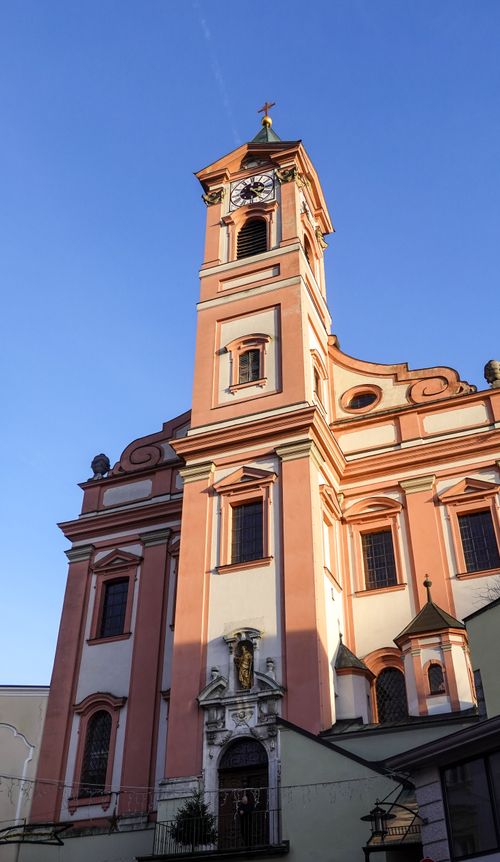 Free Vertical view of St. Stephen's Church's tower in Passau, Germany, under a clear blue sky. Stock Photo