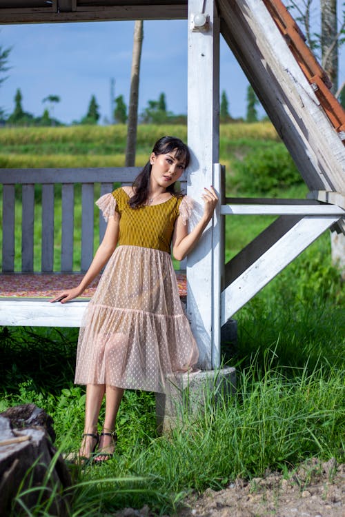 Woman in a Dress Posing Outdoors 