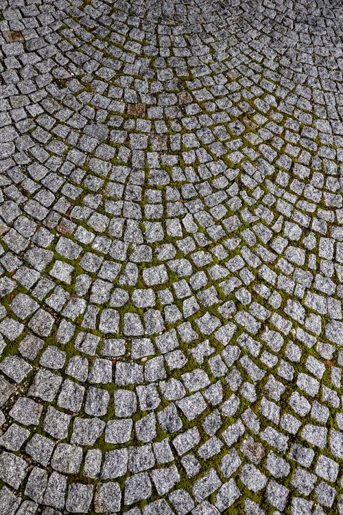 Free A top-down view of a cobblestone street covered partly with moss, forming a geometric pattern. Stock Photo