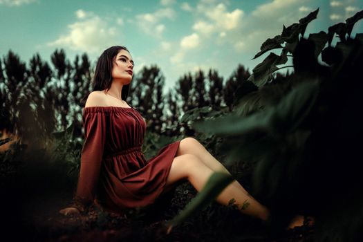 A serene portrait of a woman in a red dress sitting in a field under a cloudy sky.