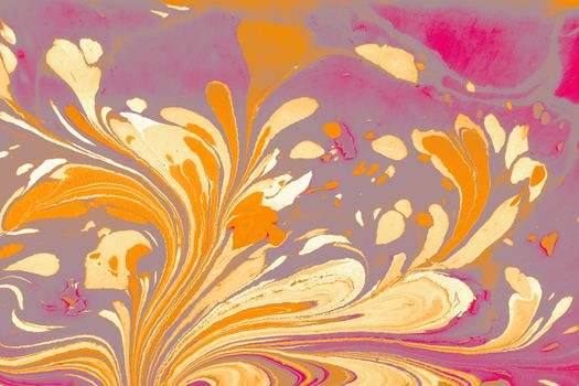 Colorful abstract fluid art with swirling floral patterns in orange and pink hues.