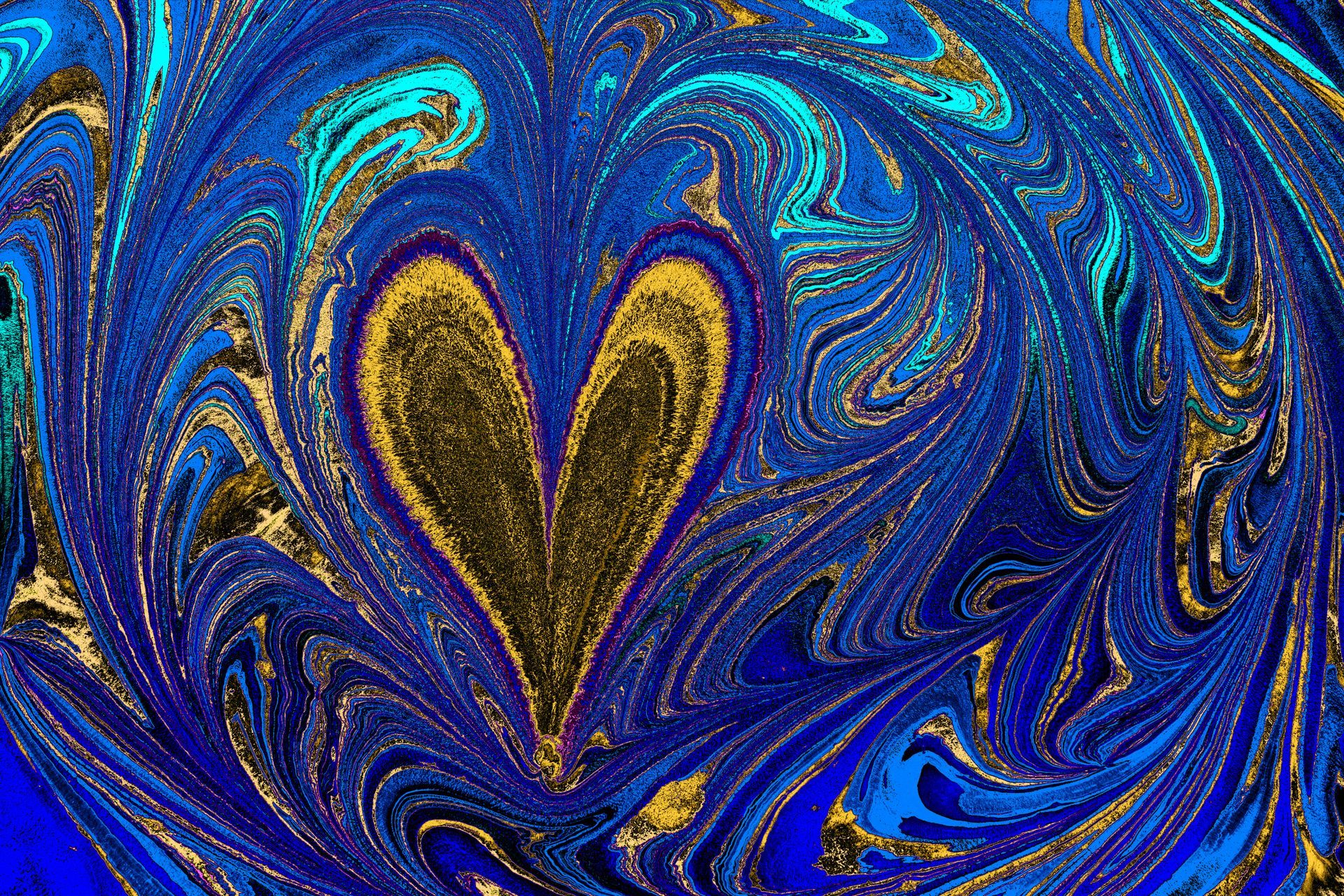 A blue and gold heart on a blue and gold swirl