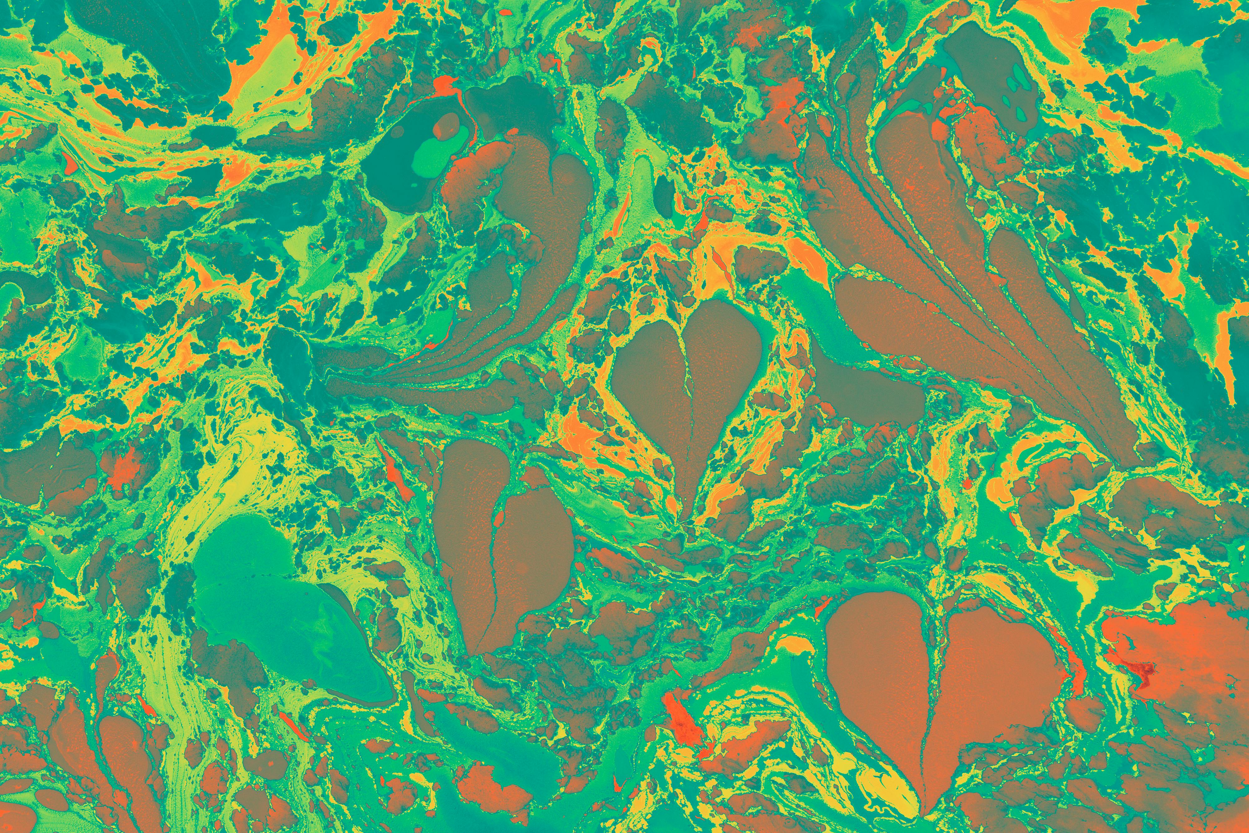 A green and orange abstract painting with hearts · Free Stock Photo