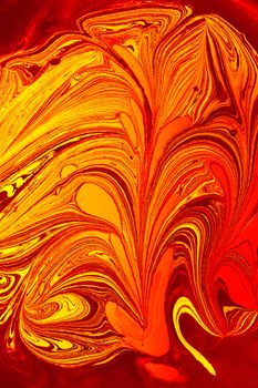 Bold and dynamic abstract acrylic painting with swirling marbled patterns in red and yellow hues.