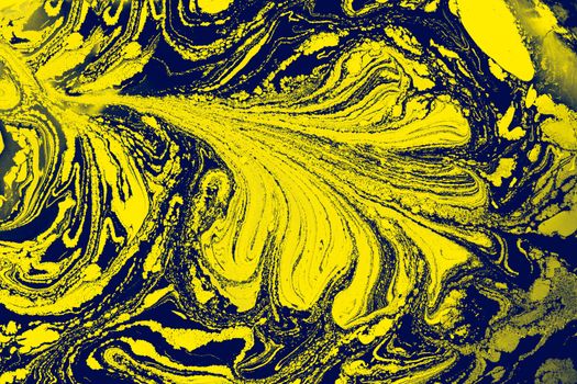 Explore this bold and colorful abstract pattern with a vibrant marbling effect in yellow and blue tones.