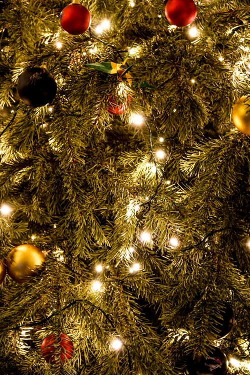 Free Close-up of a beautifully decorated Christmas tree with glowing fairy lights and colorful ornaments. Stock Photo