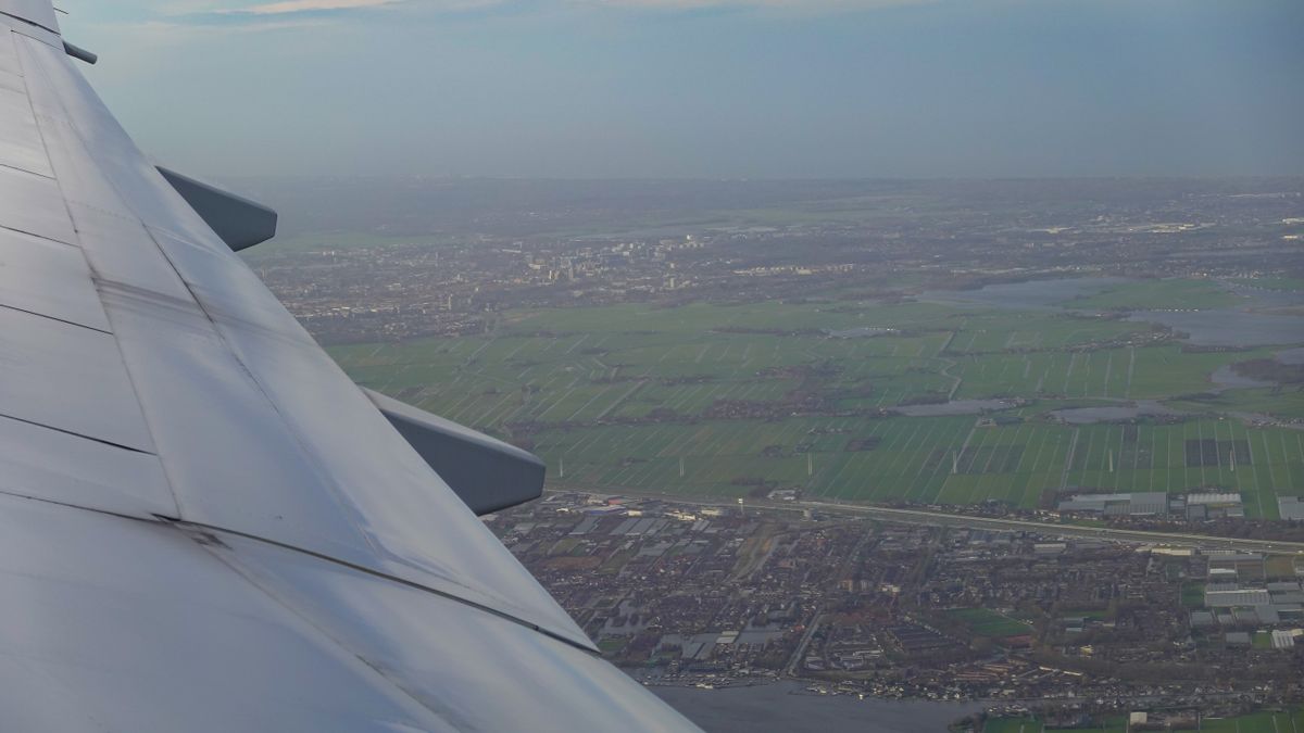 Scenic aerial view from airplane window showing greenery and cityscape below.