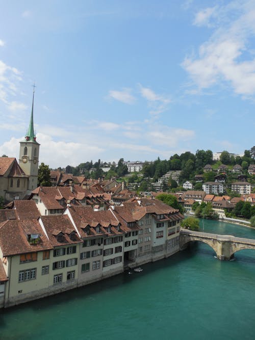 Aerial View of Houses in the Old Town of Bern, Switzerland neat the River Aare