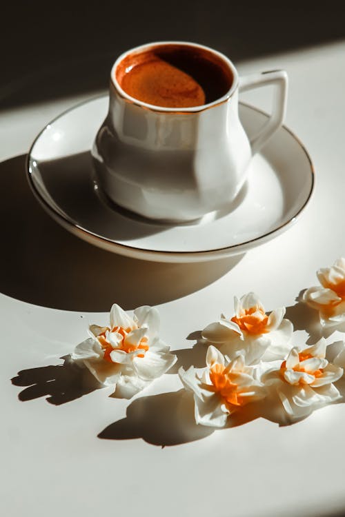 Foto profissional grátis de arranjo de flores, café, café espresso