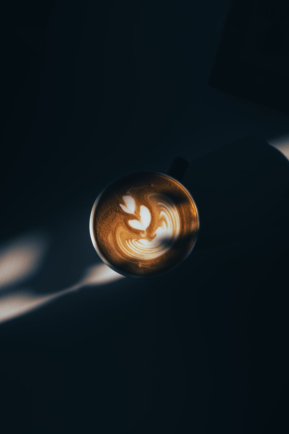 A latte with rosetta art on a dark table, lit from the side