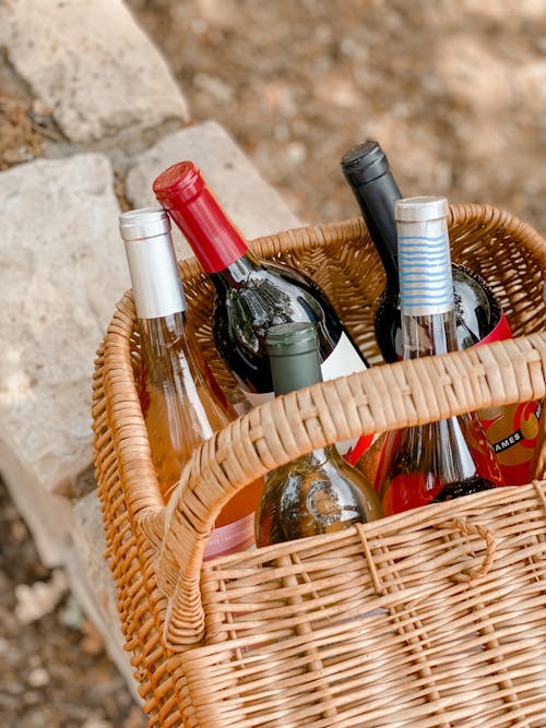 Liquor Bottles in a Woven Basket