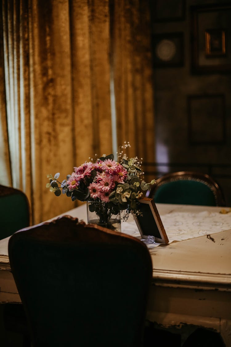 Bouquet On Table In Retro Interior