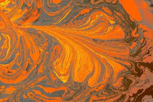 Dynamic abstract design with swirling orange and gray patterns resembling marbled texture.