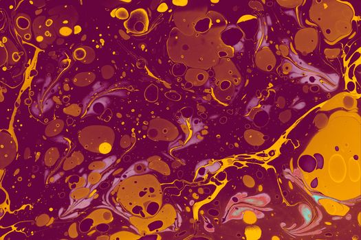 Colorful and vibrant abstract marbled pattern with swirling yellow and purple hues.