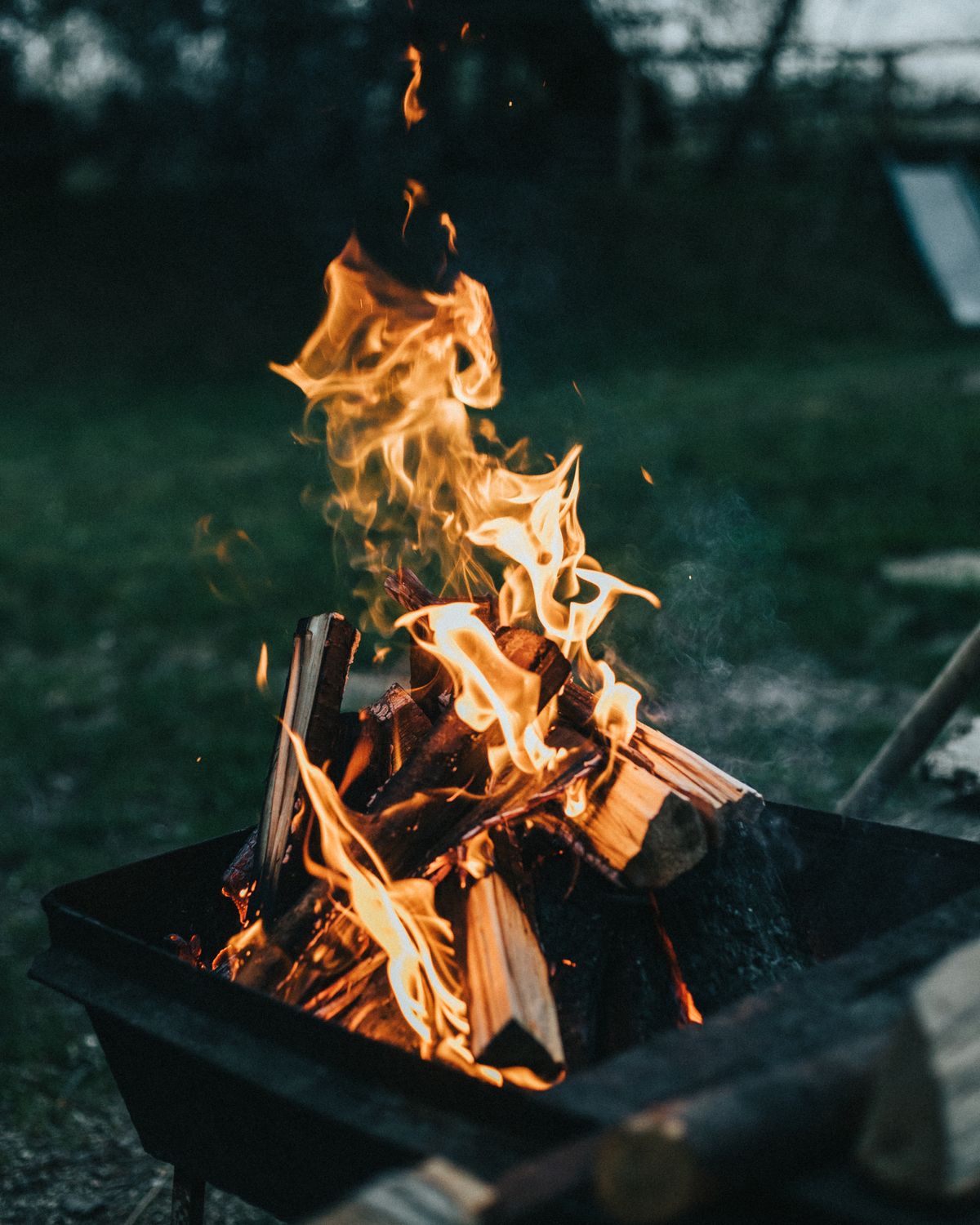 Fuego encendido al aire libre en una noche de otoño, ambiente de magosto