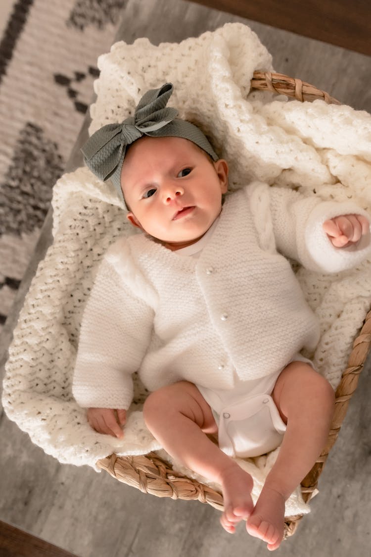 A Newborn Baby In A Basket 