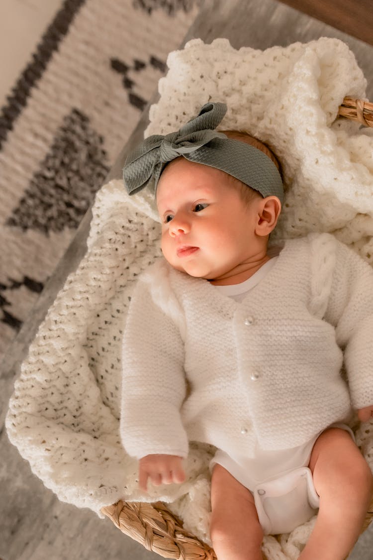 A Newborn Baby In A Basket 