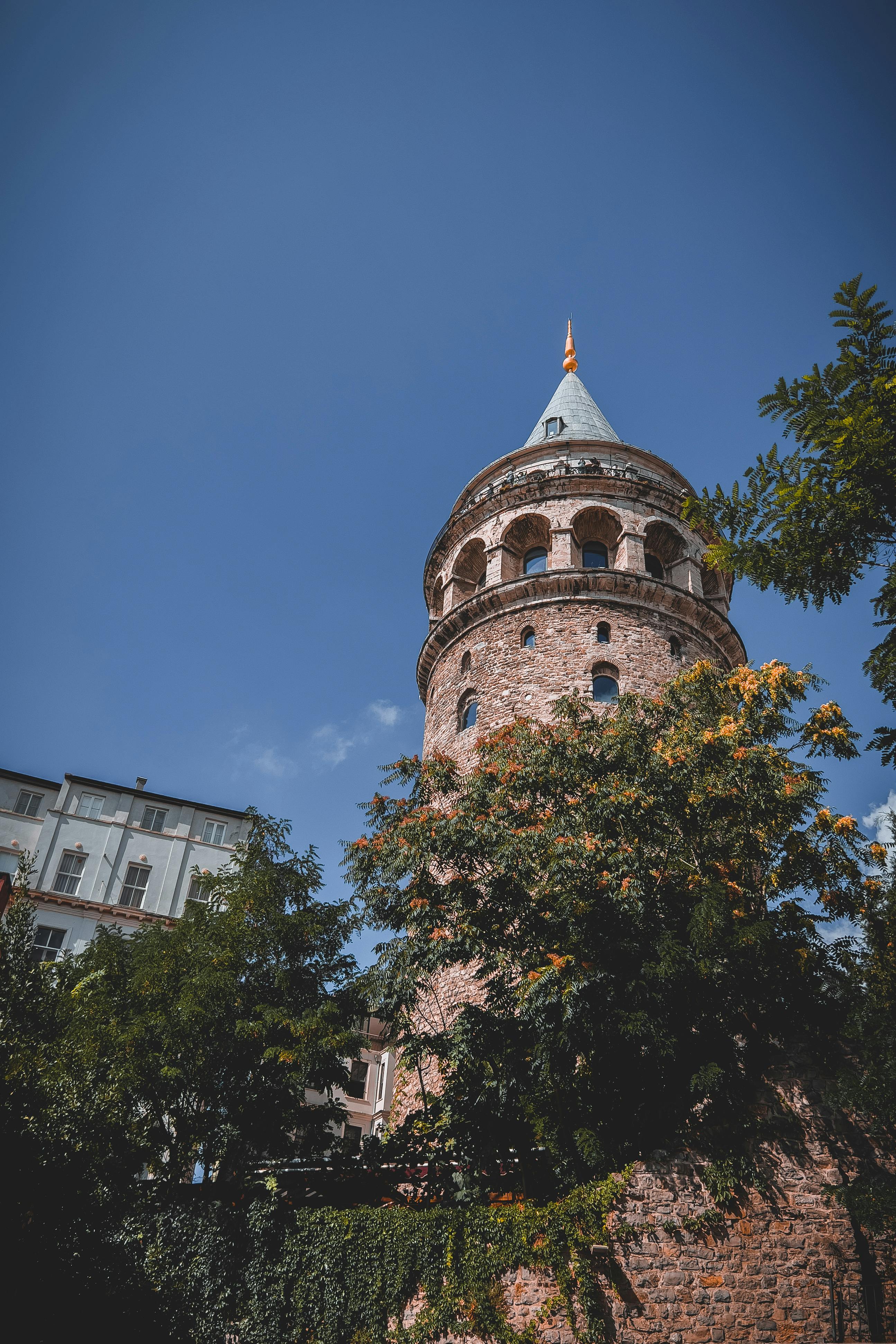 Low angle shot of Galata Tower surrounded by trees on a clear day in Istanbul, Turkey.