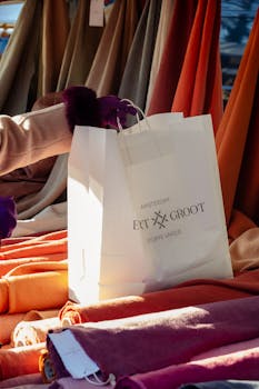 A close-up of a hand holding an Ex Groot shopping bag amid vibrant fabrics in an Amsterdam market.