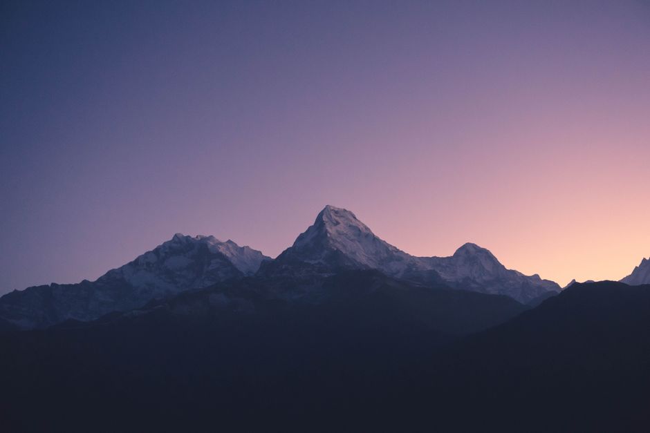 Majestic view of Annapurna Peaks during dawn, captured in Pokhara, Nepal.