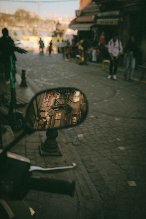 Free A unique view of İstanbul through a mirror reflection on a cobblestone street. Stock Photo