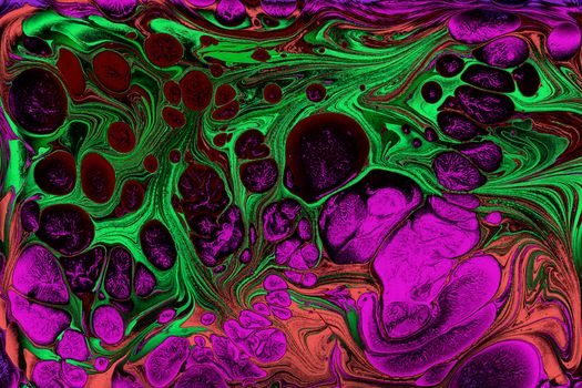 Colorful abstract marbling art with swirling pink, green, and red patterns.