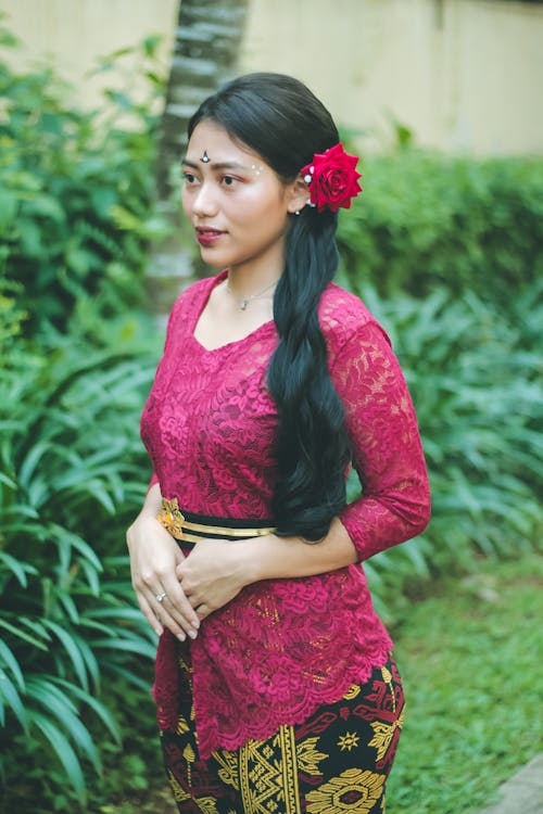 Woman in Traditional Clothing and with Long, Black Hair