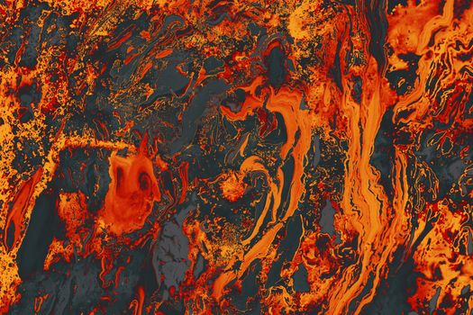 Dynamic fluid artwork featuring vivid orange swirls on a black background, capturing movement and intensity.