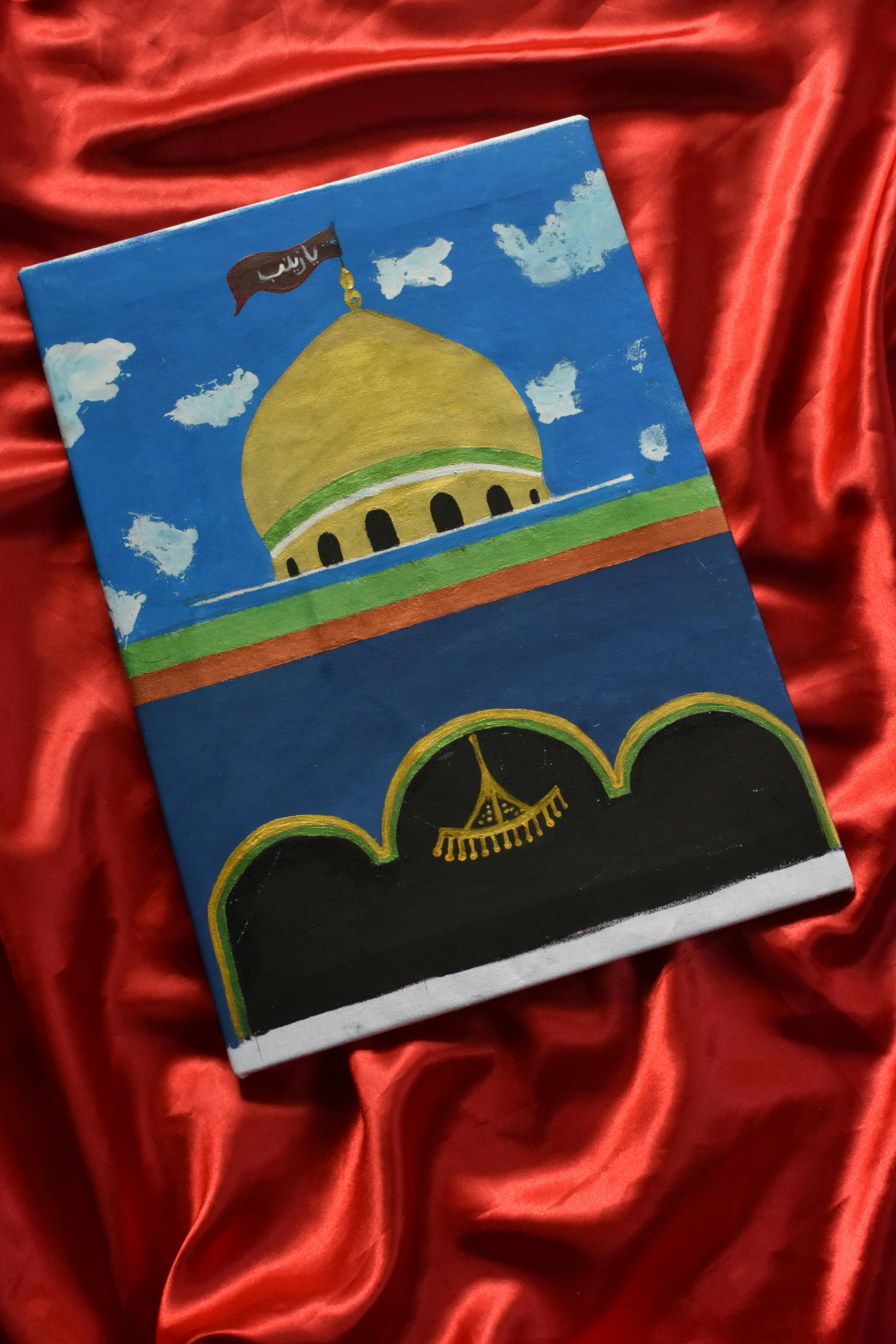 Colorful canvas painting of a mosque dome on vibrant red fabric.
