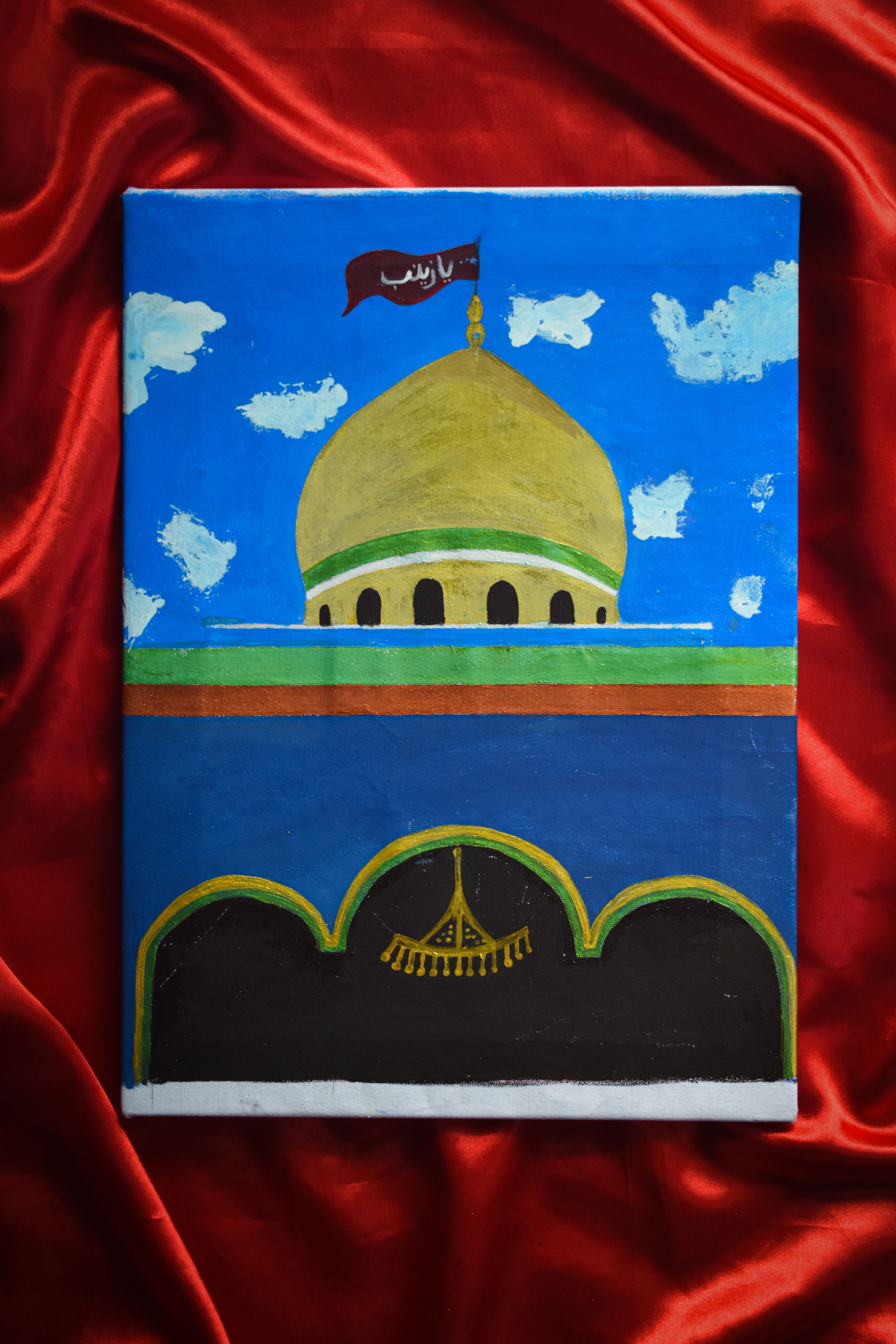 A colorful depiction of an Islamic dome on a vibrant red fabric background, symbolizing spirituality.