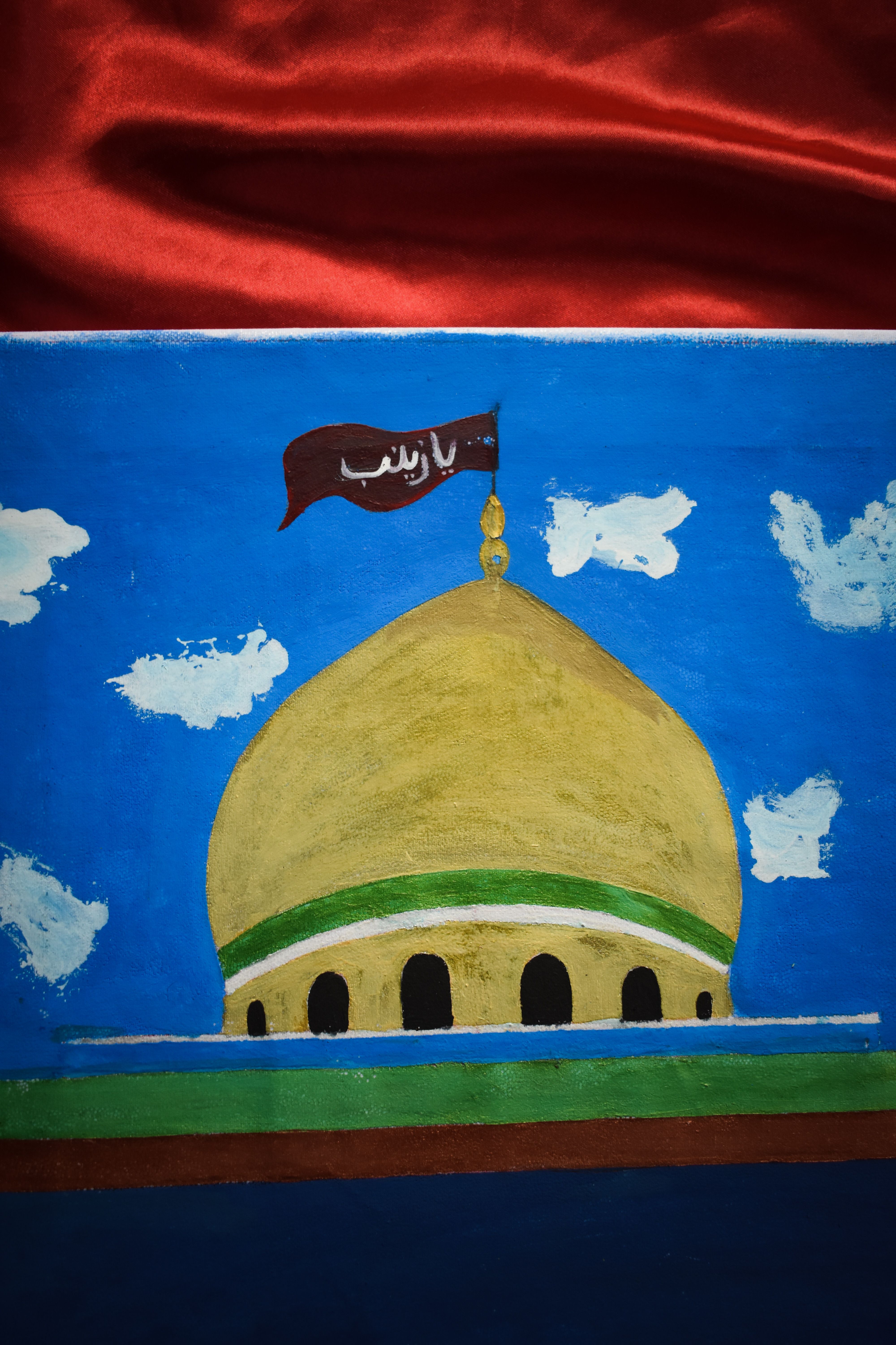 Vibrant painting of a mosque dome with a red flag against a blue sky.