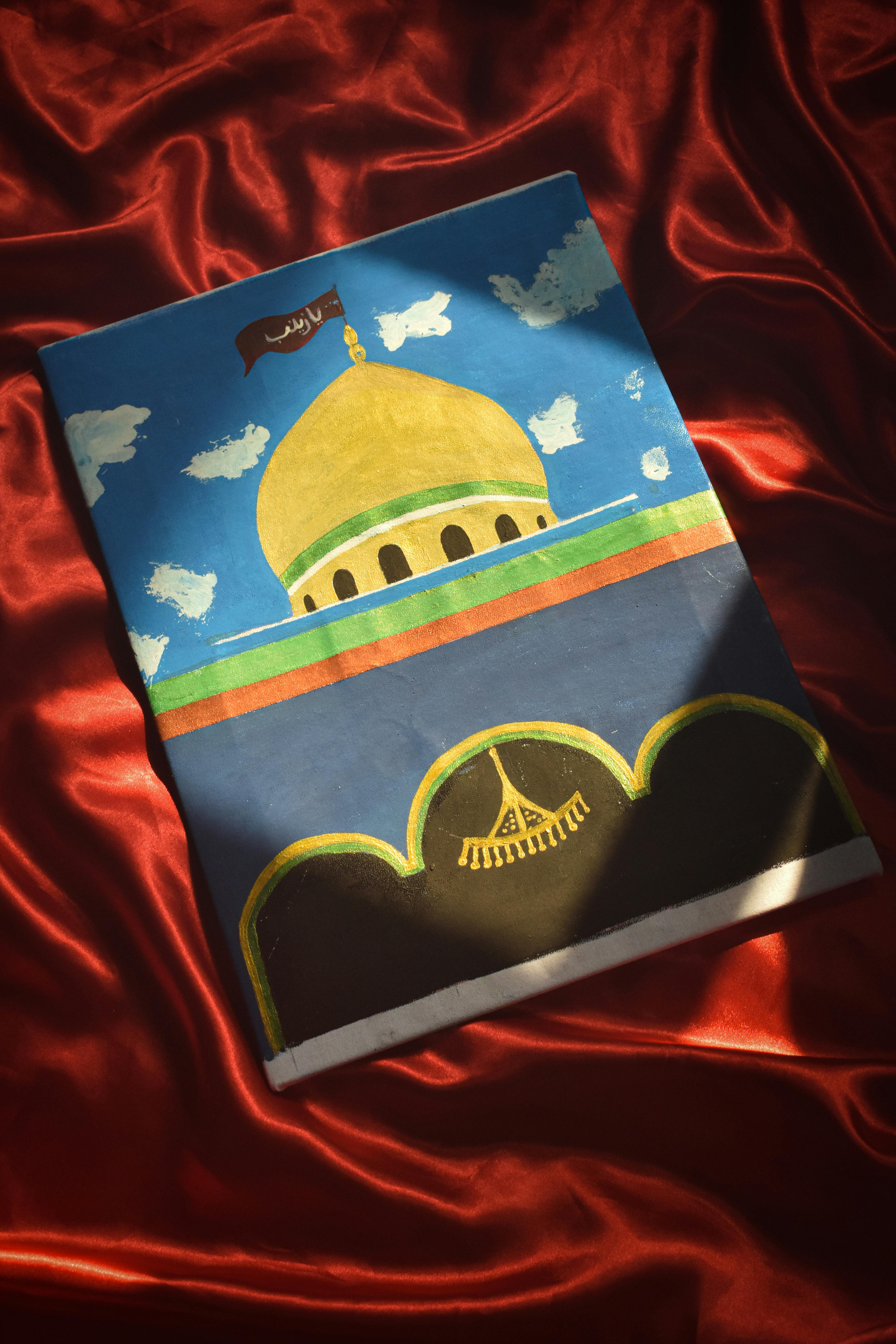 A vibrant drawing of a mosque dome on a red satin background, capturing cultural artistry.