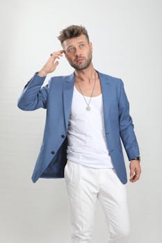 Portrait of a stylish man wearing a blue suit with white background, exuding confidence and modern fashion.
