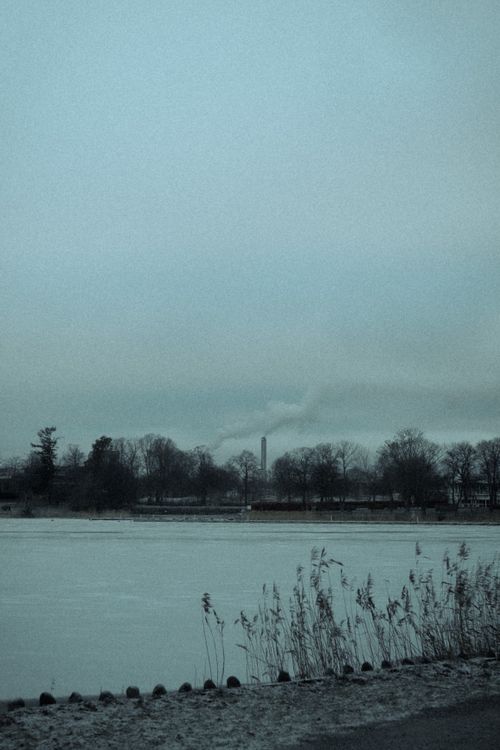 Free A calm winter landscape featuring a frozen lake and trees with industrial skyline. Stock Photo