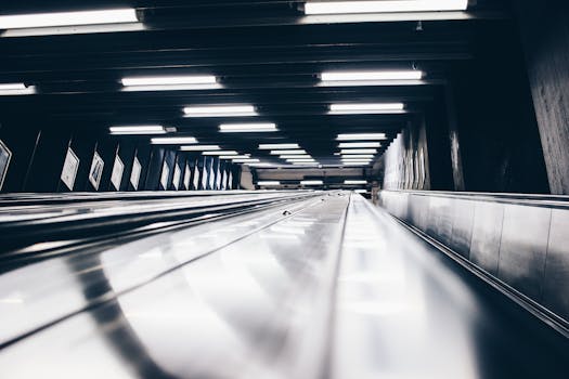 Capture of a dramatic underground escalator in Stockholm's urban subway system.