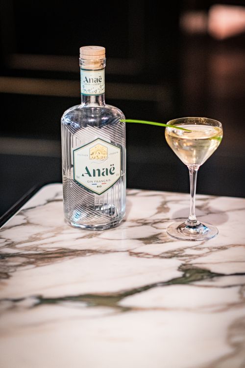 Free Stylish gin display with a cocktail glass on marble surface. Perfect for bars and lifestyle promotions. Stock Photo