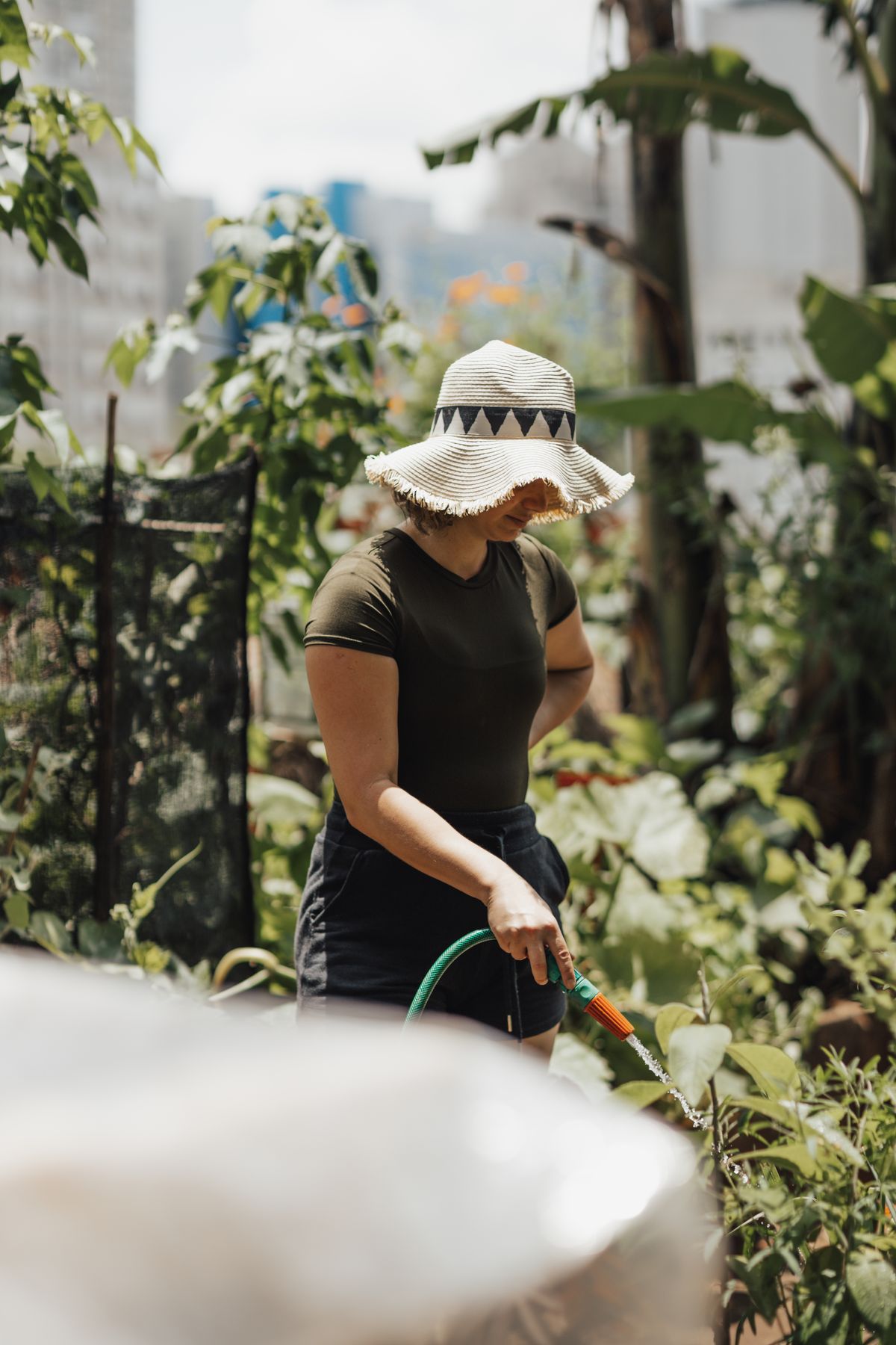Une jardinière arrose des plants dans un petit jardin urbain.